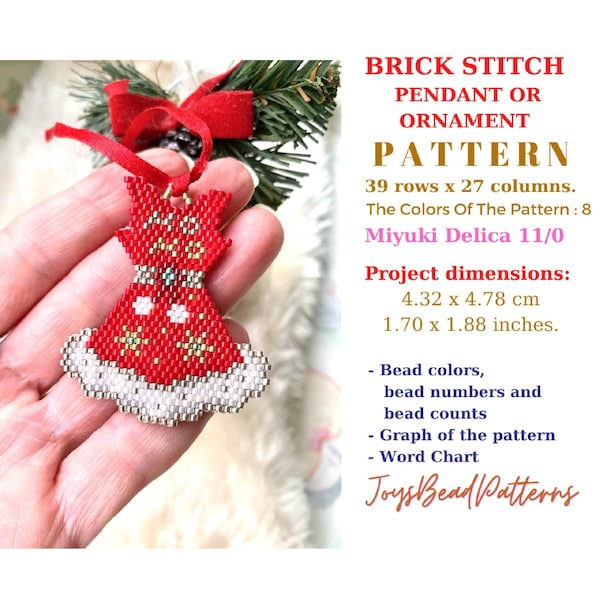 Noel Dress Brick Stitch Miyuki Pendant Necklace or Christmas Little Ornament PDF Pattern.  Christmas Dress Brick Seed Bead Pendant Pattern.
