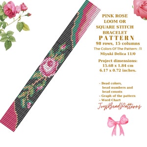 Pink Rose Loom Bracelet Pattern. PDF Digital Square Stitch with Miyuki Delica 11/0