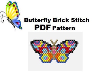 May include: A colorful butterfly beading pattern in brick stitch. The pattern is for a butterfly with red, yellow, blue, and pink wings. The text "Butterfly Brick Stitch PDF Pattern" is at the top of the image.