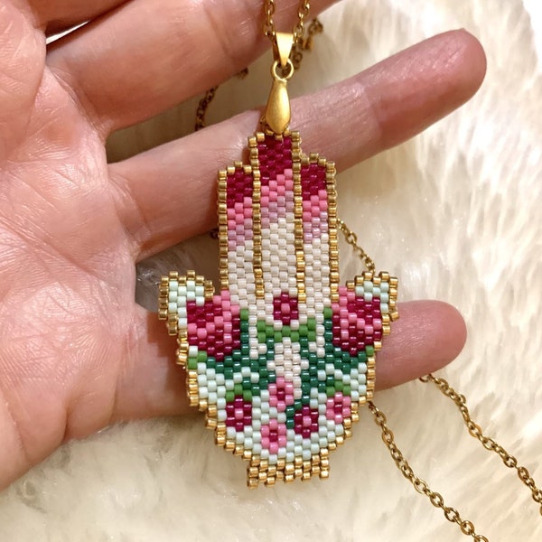 Brick Stitch Fatima Hand Miyuki Pendant & Bracelet Pattern. Miyuki Delica seed bead Hamsa necklace, bracelet, brooch or Earrings