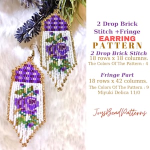 May include: A beaded earring pattern featuring a purple flower design with a white and gold fringe. The pattern is made with Miyuki Delica 11/0 beads. The pattern includes instructions for a 2 drop brick stitch and a fringe part. "2 Drop Brick Stitch + Fringe Earring Pattern" is written in the image.