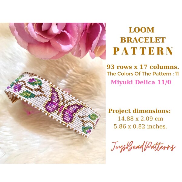 Papillon avec motif de bracelet de métier à tisser de perles de roses. Modèle de point carré Miyuki Delica 11/0.