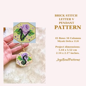 Personalized First Letter Of The Name &#39;V&#39; With Rose Pendant Miyuki Digital Pattern, Initial &#39;V&#39; Miyuki Brick Stitch Pendant Pattern