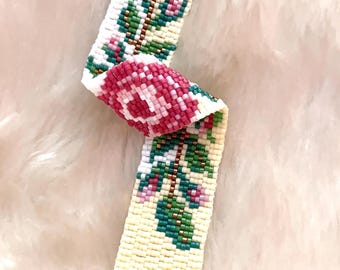 Peyote 3 Drop beading Pink Rose Bracelet PDF Digital Download Miyuki Pattern.