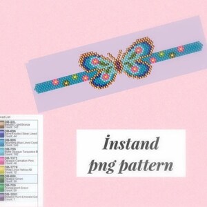 May include: A beaded butterfly bracelet pattern with a bead list and the text "Instan png pattern". The pattern features a blue butterfly with pink and yellow flowers on a light blue background.