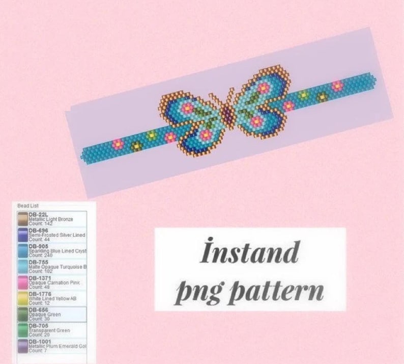 May include: A beaded butterfly bracelet pattern with a bead list and the text "Instan png pattern". The pattern features a blue butterfly with pink and yellow flowers on a light blue background.