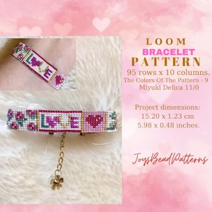 Patchwork with &#39;LOVE&#39; Bead Loom Bracelet Pattern. Miyuki Delica 11/0 Square Stitch PDF Pattern.