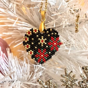 Beaded Christmas Heart Brick stitch Pattern, Miyuki Delica Heart Beading Pendant, Earrings Pattern.