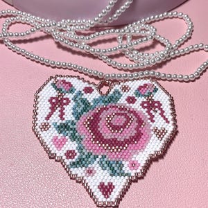 Brick Stitch Heart Pattern. Miyuki Delica 11 Pink Flower Pendant Digital Pattern.