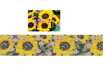 May include: A beaded pattern of sunflowers and small pink flowers in a yellow, green, black, and pink color scheme.