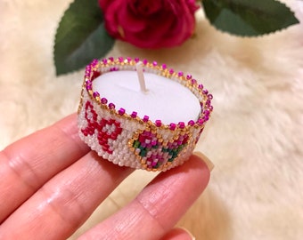 2Drop Even Peyote Hearts, Bows, Roses Tealight Cover PDF Digital Pattern with Miyuki Delica 11/0