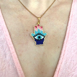 Miyuki Fatima Hand with Evil Eye Brick Stitch Pendant Pattern. Miyuki Delica Seed Bead Pendant Necklace Fatima Hand Pattern