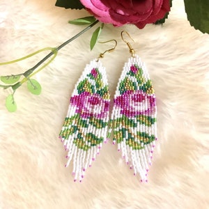 PDF Digital Pink Rose beaded Fringe + 2 Drop Brick Stitch Earrings Miyuki Delica Pattern, Seed Beading Floral Fringe Pattern