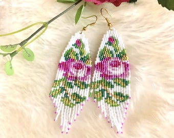 PDF Digital Pink Rose beaded Fringe + 2 Drop Brick Stitch Earrings Miyuki Delica Pattern, Seed Beading Floral Fringe Pattern