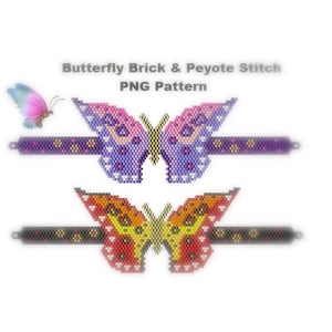 May include: Two beaded butterfly patterns in brick and peyote stitch. The top butterfly is purple, pink, and white. The bottom butterfly is orange, yellow, and red. Both butterflies have black bead accents.