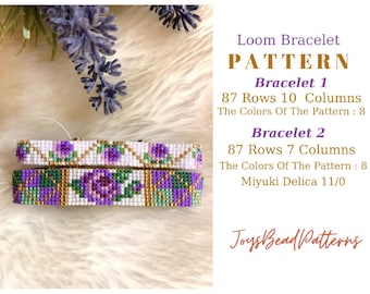 Patrón de descarga en PDF de pulsera de cuentas Miyuki en telar Purple Rose.