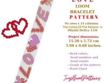 Love with Heart Bead Loom Bracelet Pattern. Miyuki delica 11, Seed Bead Loom Beading Pattern.