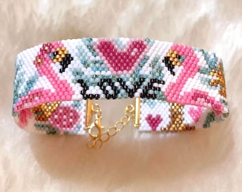 Patrón digital en PDF de pulsera de cuentas de peyote Flamingo Love Even.