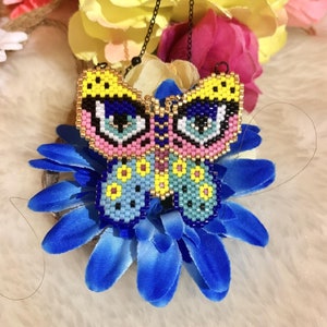 Farfalla punto mattone con occhi azzurri Miyuki Delica Seed Bead Collana con ciondolo con perline Papillon Modello digitale PDF,