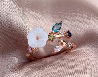 rose gold flower ring multistone dainty floral ring for her gift wrapped ring adjustableopen band flower daisy ring stackable ethereal ring