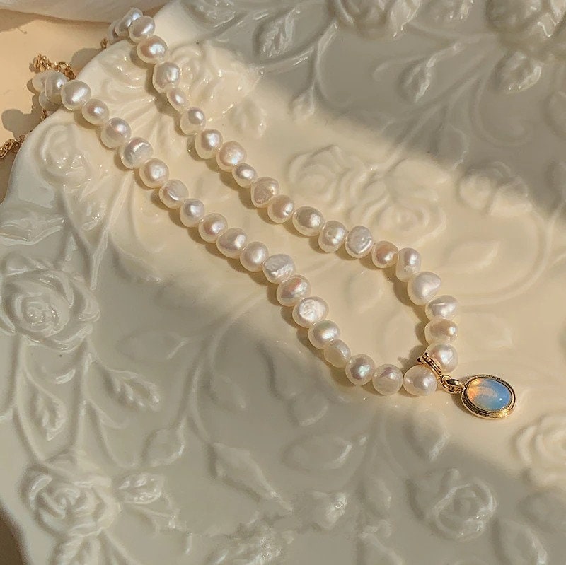 Opal Pendant Pearl Necklace Pearl Choker Necklace White - Etsy