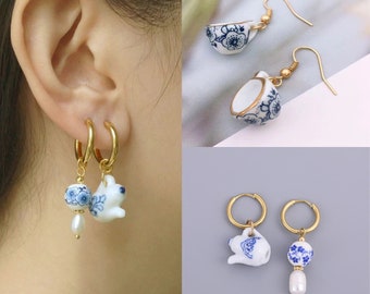 teacup earrings tea cup earrings coffee cup earrings porcelain mug earrings dangly unique earrings gold hook earrings for her gift wrapped
