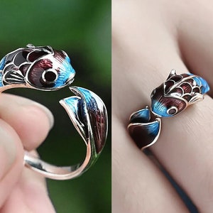 fish ring swimming koi fish colourful ring ocean inspired ring gift wrapped sea ring adjustable Japanese ring 3d design statement ring