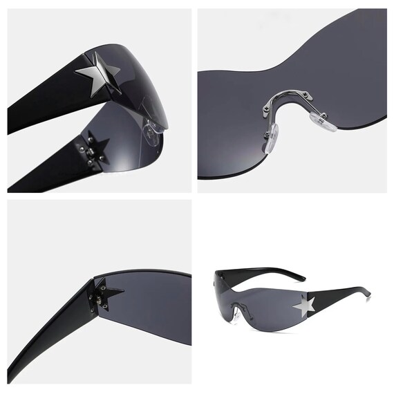 Y2K Star Sunglasses for Women Festival Glasses Punk Wrap Around Shades Frameless Retro Sun Glasses 2000s Inspired Trendy Designer Shades