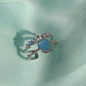 adjustable silver heart ring, blue heart ring, blue gemstone ring, cubic zirconia blue heart flower ring, opal gemstones, unique ring