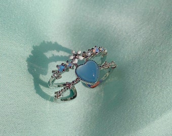 adjustable silver heart ring, blue heart ring, blue gemstone ring, cubic zirconia blue heart flower ring, opal gemstones, unique ring