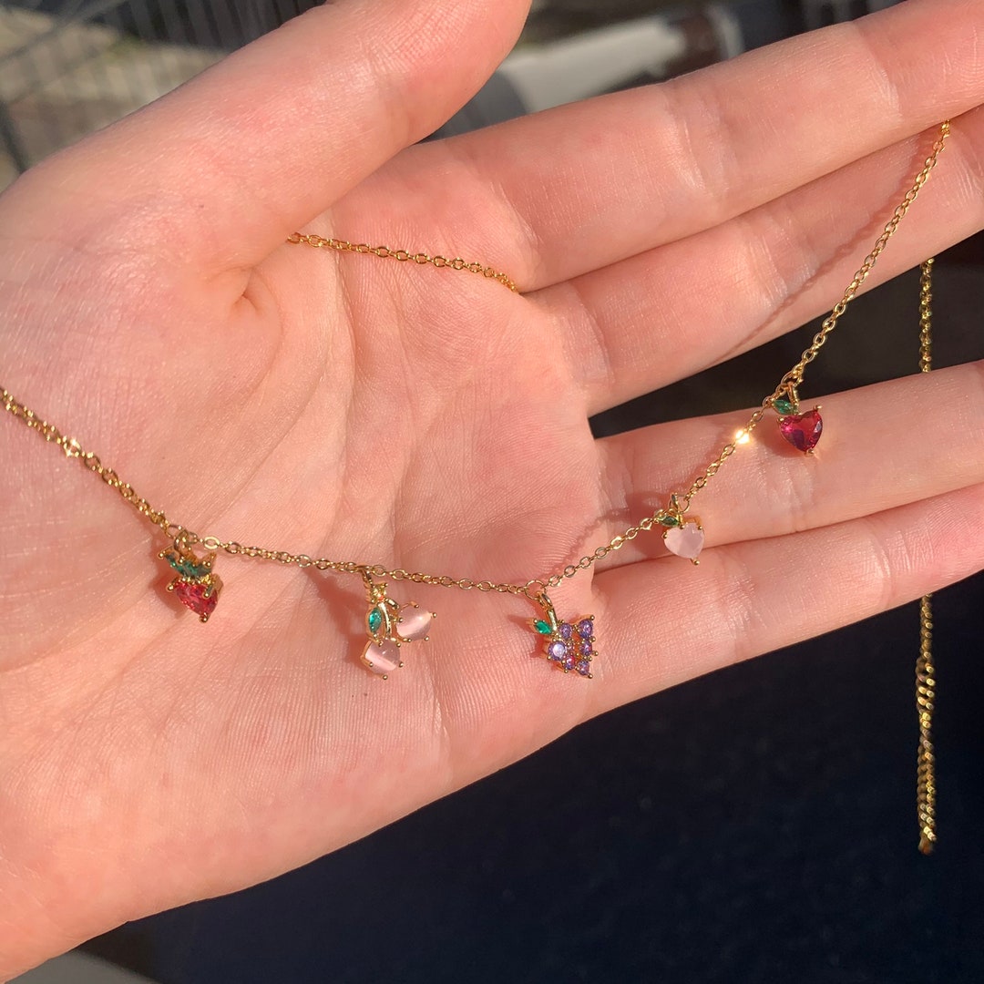 Fruit Charm Necklace for Her Gift Wrapped Rainbow Charm Necklace Colorful Cubic Zirconia Gold
