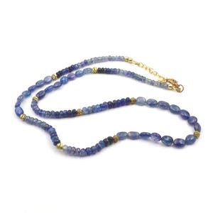 Natural Blue Sapphire Beads Necklace – Faceted & Oval Sapphire Strand with Gold Plated Accents – Handmade September Birthstone Jewelry