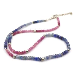 Natural Sapphire and Pink Tourmaline Beads Necklace – Multi-Gemstone Strand with Gold Accents – Handmade Gemstone Jewelry – Gift for Her