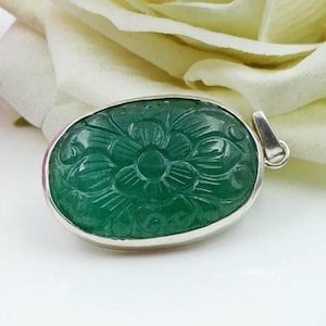 Hand-Carved Emerald Floral Pendant: Sterling Silver Boho Necklace