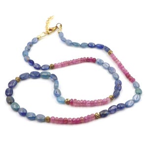 Natural Sapphire and Pink Tourmaline Beads Necklace – Multi-Gemstone Strand with Gold Accents – Handmade Gemstone Jewelry – Gift for Her