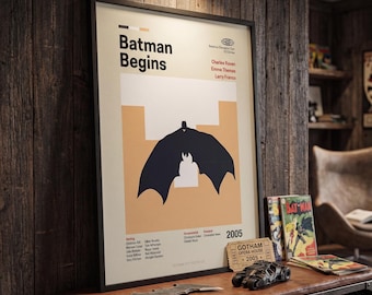 Minimalist Batman Begins Poster, Mid-Century Modern Film Print, Christian Bale Batman Art, Retro Movie Room Decor, Framed Superhero Wall Art