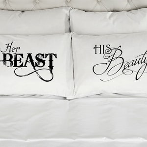 Her Beast His Beauty Couples Pillow Cases (Set of 2) Printed Pillowcases Wedding Anniversary Bridal Shower Gift