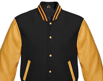 Varsity Letterman Baseball School College American Bomber Jacket Laine noire et manches en cuir de vachette véritable or