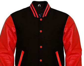 Letterman Baseball School College Bomber Varsity Jacket Black Wool & Real Red Cowhide Leather Sleeves