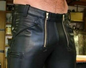 Men's Real Cowhide Leather Pants , Genuine Leather Carpenter Pants, Carpenter Leather Pants