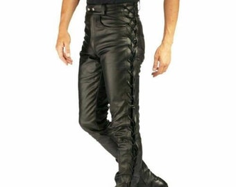 Men's Real High Quality Cowhide Leather Side Lace Pant, Genuine Leather Biker Trouser Pants