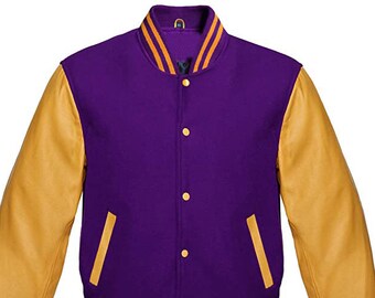 Letterman Baseball School College Bomber Varsity Jacket Purple Wool & Real Gold Cowhide Leather Sleeves