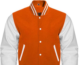 Letterman Baseball School College Bomber Varsity Jacket Orange Wool & Real White Cowhide Leather Sleeves