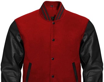 Letterman Baseball School College Bomber Varsity Jacket Red Wool & Real Black Cowhide Leather Sleeves