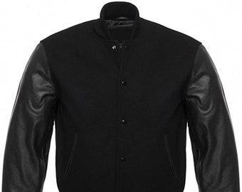 Letterman Baseball School College Bomber Varsity Jacket Black Wool & Real Black Cowhide Leather Sleeves