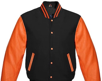 Letterman Baseball School College Bomber Varsity Jacket Black Wool & Real Orange Cowhide Leather Sleeves