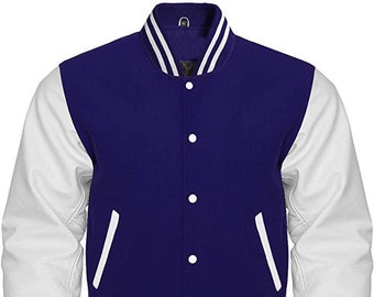 Letterman Baseball School College Bomber Varsity Jacket Navy Blue Wool & Real White Cowhide Leather Sleeves