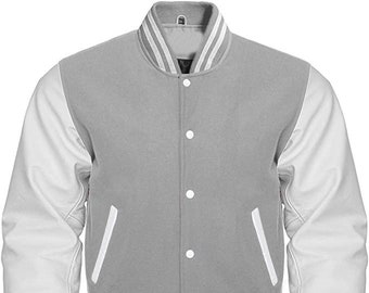 Letterman Baseball School College Bomber Varsity Jacket Laine grise & Manches en cuir de vachette blanche