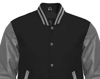 Letterman Baseball School College Bomber Varsity Jacket Black Wool & Real Gray Cowhide Leather Sleeves