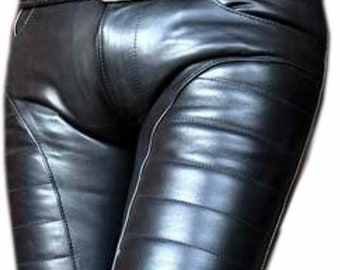 Men's Real High Quality Black Cowhide Leather Slim Fit Pants Luxury Thigh Fit Jeans Trousers